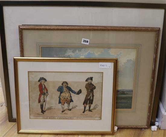 Two Edwin Harris watercolours and a caricature print, 36 x 52 cm largest